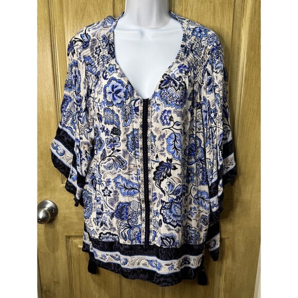 Democracy Womens Floral Shirt Size 1X V Neck 3/4 Kimono Sleeve Blouse Casual - Picture 1 of 8